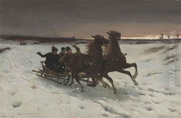 A Winter Sleigh Ride Oil Painting by Zygmunt Ajdukiewicz