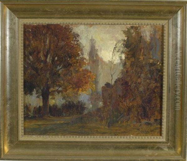 Dunstige Parklandschaft Mit Herbstbaumen Oil Painting by Lidio Ajmone