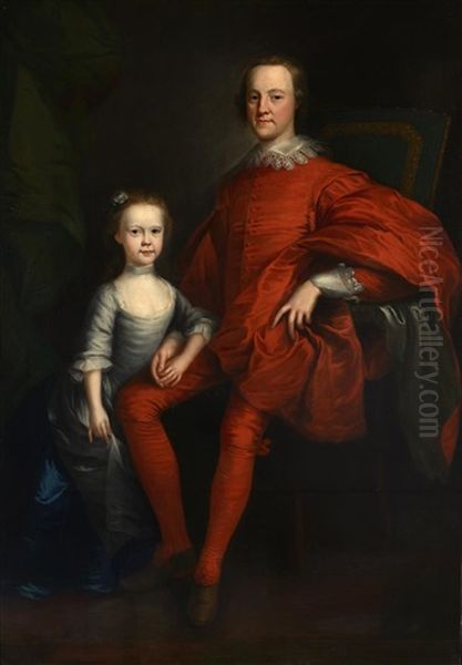 Portrait Of A Gentleman In A Red Suit And His Daughter Oil Painting by Josef van Aken