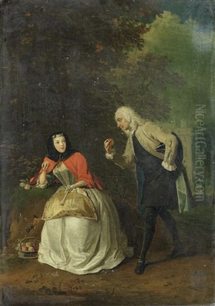 A Courtly Conversation Oil Painting by Josef van Aken