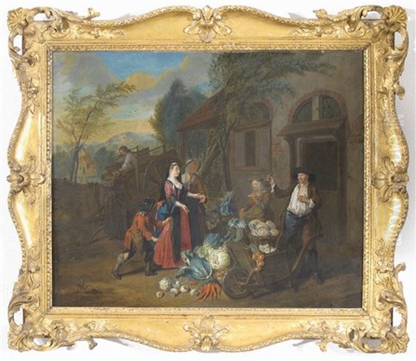 A Lady And Her Maid At A Vegetable Sellers Cottage, A Thief Attempting To Steal Her Watch Oil Painting by Josef van Aken