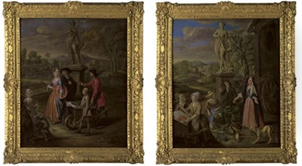 A Vegetable Seller And His Son Offering Wares To A Lady And A Cleric By A Statue Of Bacchus (+ A Vegetable And Fruit Market By A Statue Of Venus, With A Town By A River Beyond; Pair) Oil Painting by Josef van Aken