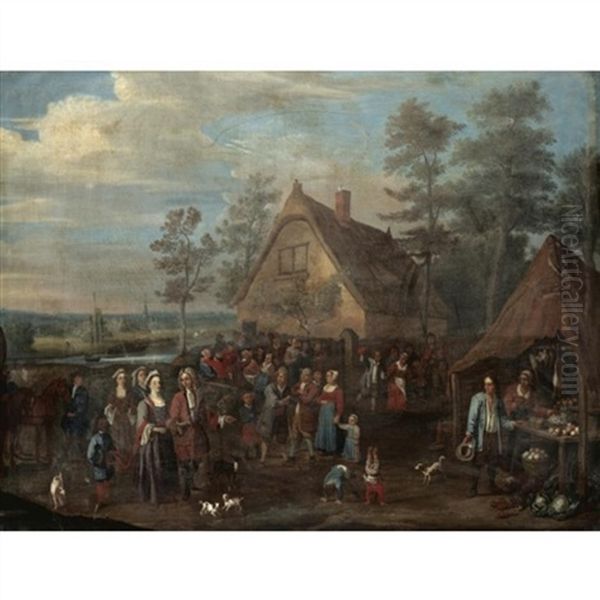 A Village Scene With A Noble Family Visiting A Peasant Feast Oil Painting by Josef van Aken