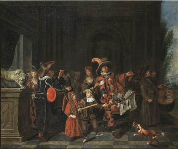 A Theater Company In A Portico, A Landscape Beyond Oil Painting by Josef van Aken