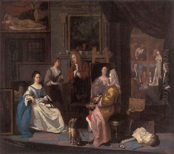 The Interior Of An Artist's Studio. With A Lady Having Her Portrait Painted Oil Painting by Josef van Aken