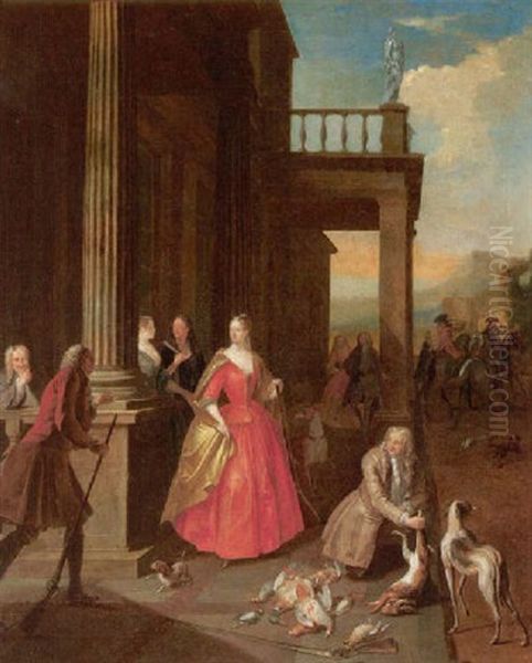 Elegant Figures Gathered Before A Portico After Returning From A Hunt Oil Painting by Josef van Aken