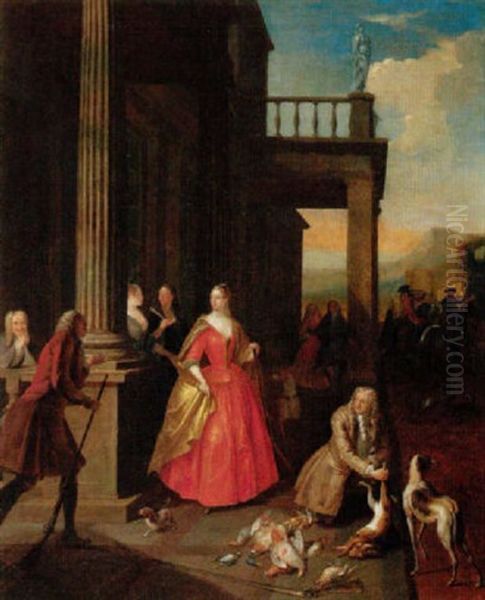 Elegant Figures Gathered Before A Portico After Returning From A Hunt Oil Painting by Josef van Aken