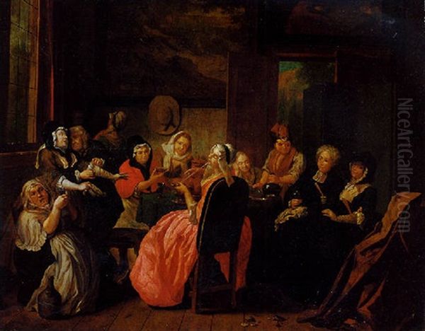 A Merry Company Drinking And Smoking In An Interior Oil Painting by Josef van Aken