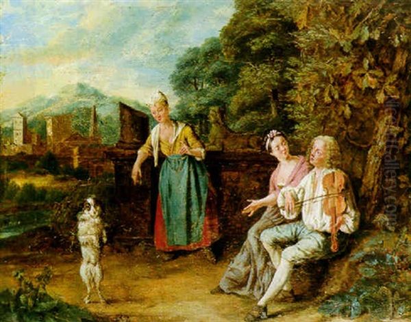 Figures In A Landscape Watching A Fiddler And His Dancing Dog Oil Painting by Josef van Aken