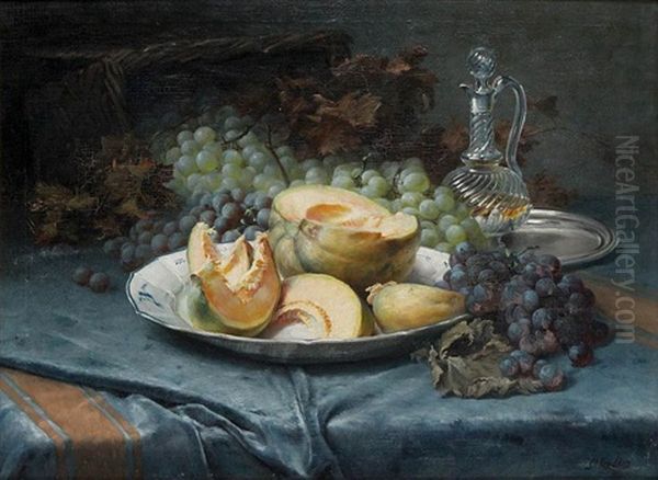 Still Life With Grapes, Melon And Carafe Oil Painting by Leo Van Aken