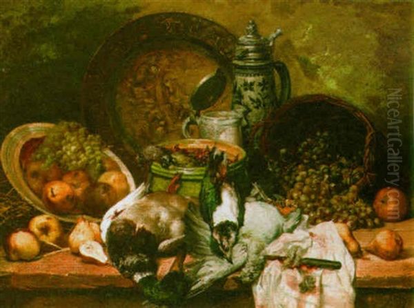 A Still Life With Poultry, Apples And Grapes In A Basket Oil Painting by Leo Van Aken