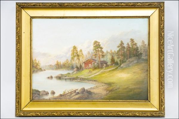 Punainen Torppa Jarven Rannalla (rott Torp Vid Sjostranden) Oil Painting by Rudolph Akerblom