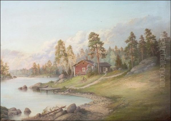 Punainen Torppa Jarven Rannalla Oil Painting by Rudolph Akerblom