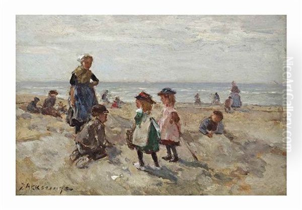 Children Playing On The Beach Oil Painting by Johannes Evert Hendrik Akkeringa