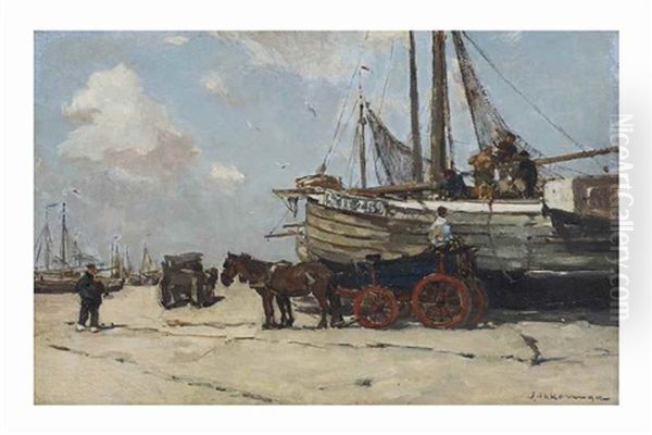 Unloading The Bomschuit On The Scheveningen Beach by Johannes Evert Hendrik Akkeringa