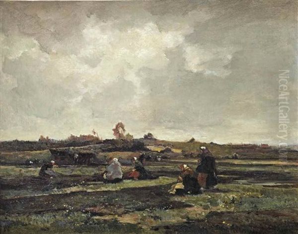 Net Menders In The Dunes Of Scheveningen Oil Painting by Johannes Evert Hendrik Akkeringa