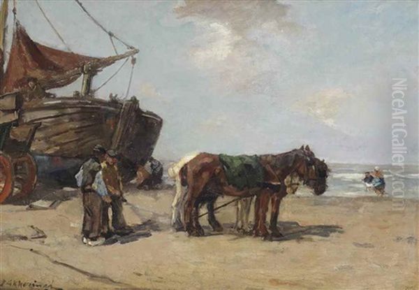 Horses On The Beach Oil Painting by Johannes Evert Hendrik Akkeringa