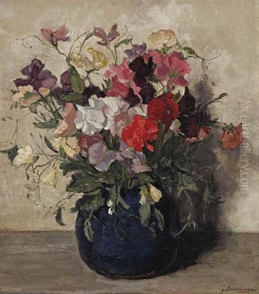 Lathyrus In A Blue Vase Oil Painting by Johannes Evert Hendrik Akkeringa