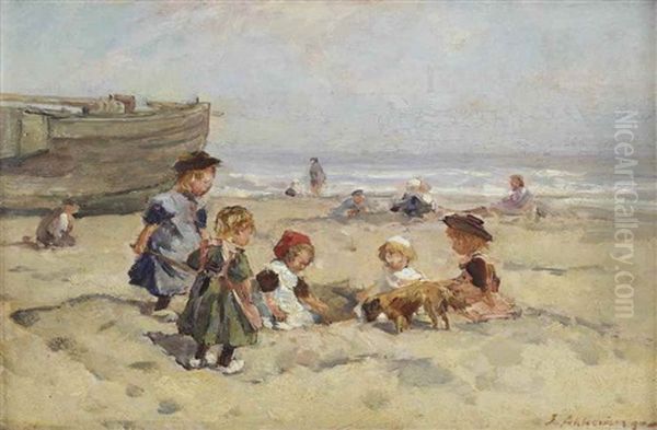 Children Playing On The Beach Oil Painting by Johannes Evert Hendrik Akkeringa