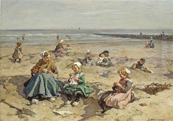 A Summer's Day At The Beach, Scheveningen Oil Painting by Johannes Evert Hendrik Akkeringa