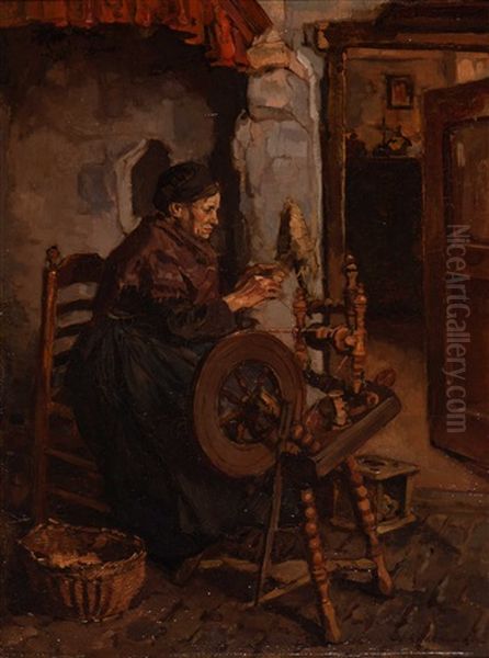 The Spinner Oil Painting by Johannes Evert Hendrik Akkeringa