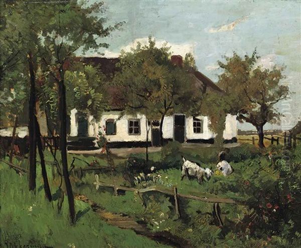 Farmhouse With Goats Oil Painting by Johannes Evert Hendrik Akkeringa