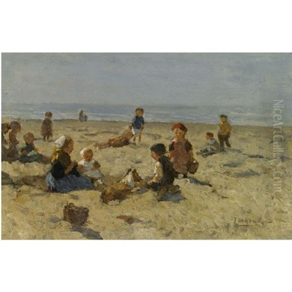 Children Playing On The Beach Oil Painting by Johannes Evert Hendrik Akkeringa