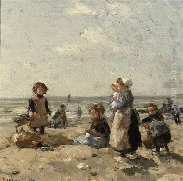 Children On The Beach At Scheveningen Oil Painting by Johannes Evert Hendrik Akkeringa