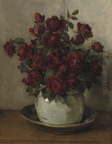 Red Roses In An Earthenware Vase Oil Painting by Johannes Evert Hendrik Akkeringa