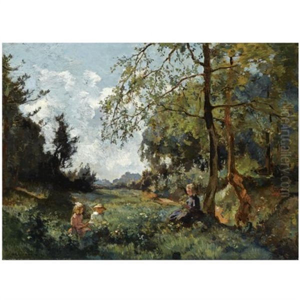 Children Picking Flowers In A Field Oil Painting by Johannes Evert Hendrik Akkeringa