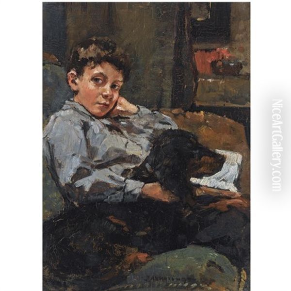 A Portrait Of A Boy And His Dog Oil Painting by Johannes Evert Hendrik Akkeringa