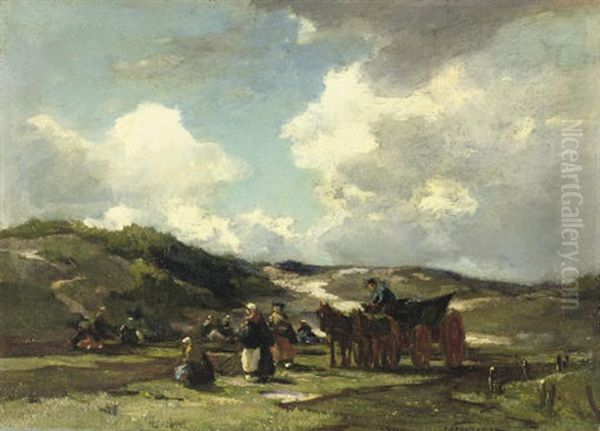 Mending Fishing-nets In The Dunes Of Scheveningen Oil Painting by Johannes Evert Hendrik Akkeringa