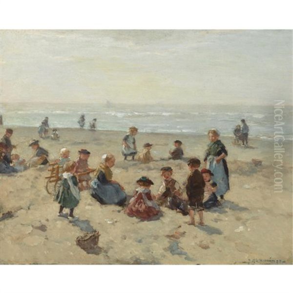 A Sunny Day At The Beach Oil Painting by Johannes Evert Hendrik Akkeringa