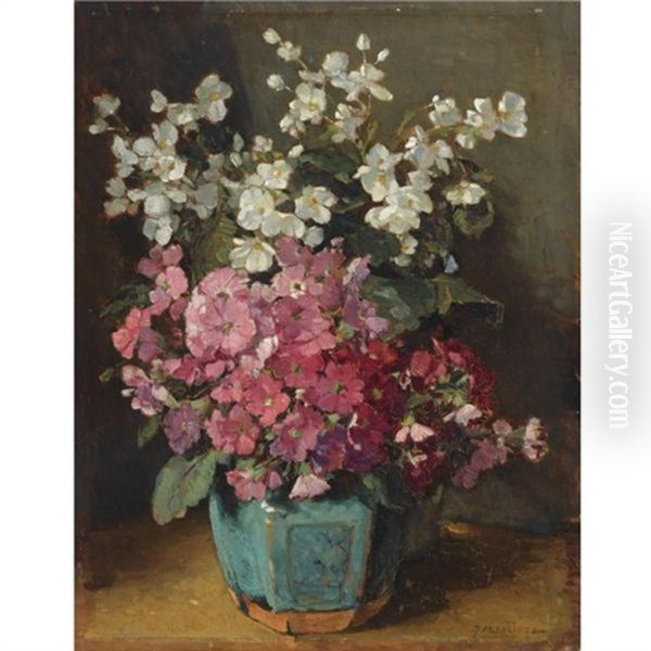 A Begonia And Busy Lizzy In A Ginger Pot Oil Painting by Johannes Evert Hendrik Akkeringa