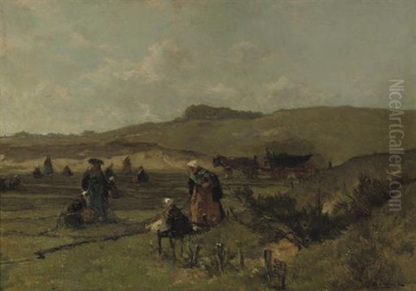 Mending The Nets In The Dunes Of Scheveningen Oil Painting by Johannes Evert Hendrik Akkeringa