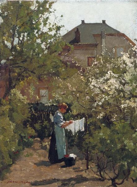 Wasch Droog In Tuintje - In The Garden Oil Painting by Johannes Evert Hendrik Akkeringa