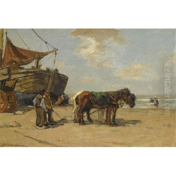 Figures Near A Bomschuit On The Beach Oil Painting by Johannes Evert Hendrik Akkeringa