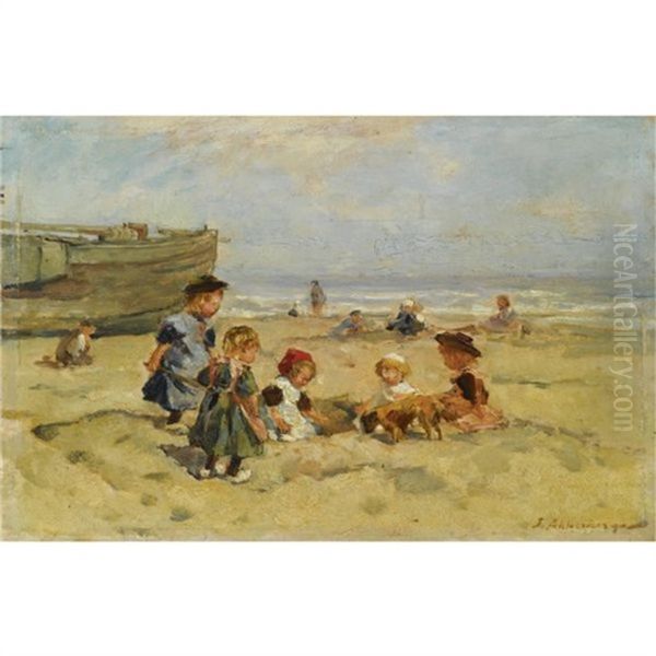 Children At Play On The Beach In Zeeland Oil Painting by Johannes Evert Hendrik Akkeringa