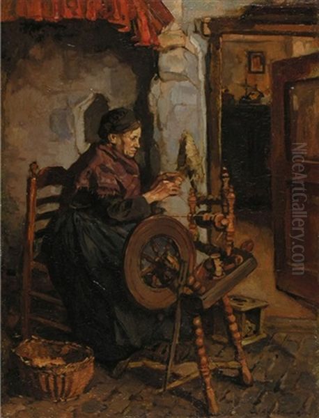 Interieur Mit Spinnender Frau Oil Painting by Johannes Evert Hendrik Akkeringa