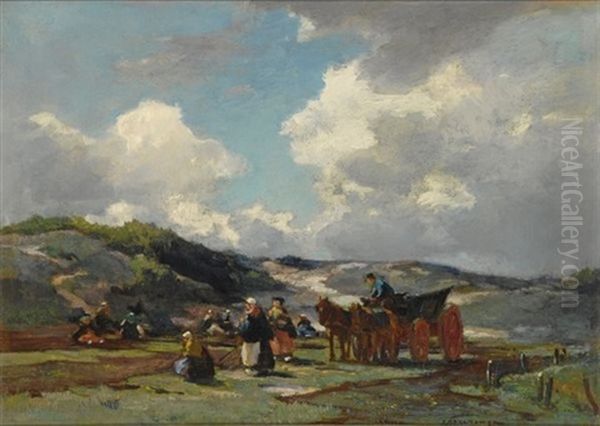 Women Mending Nets In The Dunes Oil Painting by Johannes Evert Hendrik Akkeringa