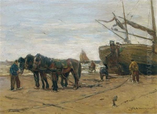 Towhorses On The Beach Oil Painting by Johannes Evert Hendrik Akkeringa