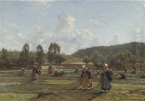 Mending Fishing Nets In The Dunes, Scheveningen Oil Painting by Johannes Evert Hendrik Akkeringa