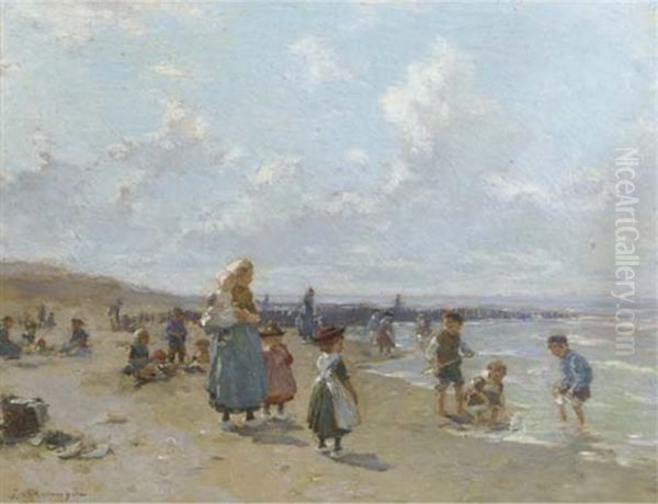 In De Vakantiedagen: Children Playing On The Beach In Summer Oil Painting by Johannes Evert Hendrik Akkeringa