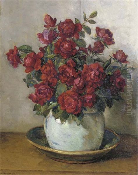 Roses In An Earthenware Pot Oil Painting by Johannes Evert Hendrik Akkeringa