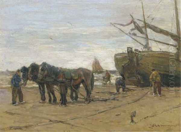 Towhorses On The Beach Oil Painting by Johannes Evert Hendrik Akkeringa