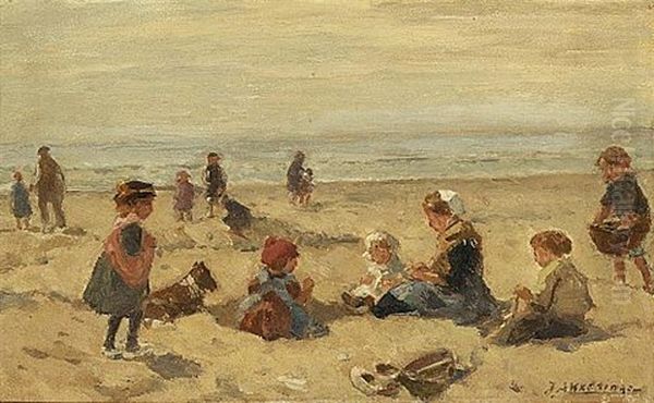 Children Playing On The Beach Oil Painting by Johannes Evert Hendrik Akkeringa