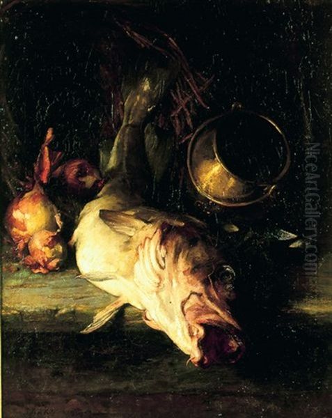 Nature Morte Au Cabillaud Et Piece De Cuivre Oil Painting by Johannes Evert Hendrik Akkeringa