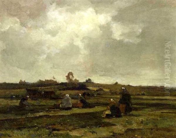 Netmenders In The Dunes Of Scheveningen Oil Painting by Johannes Evert Hendrik Akkeringa