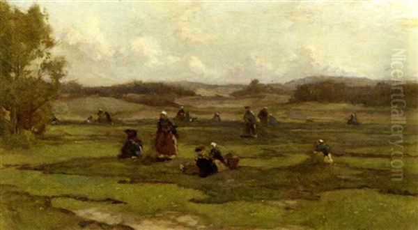 Nettenboetsters: Netmenders In The Dunes Oil Painting by Johannes Evert Hendrik Akkeringa