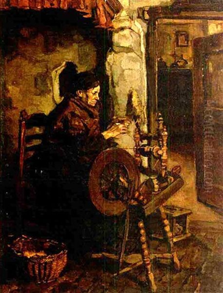 A Peasant Woman At A Spinning Weel Oil Painting by Johannes Evert Hendrik Akkeringa